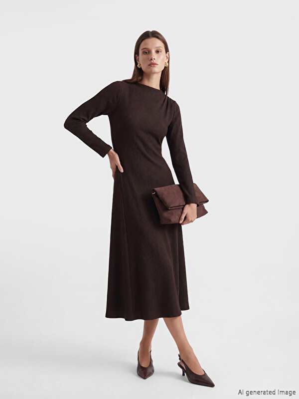 LCW Modest Women's Mock Neck Ribbed A-Line Dress