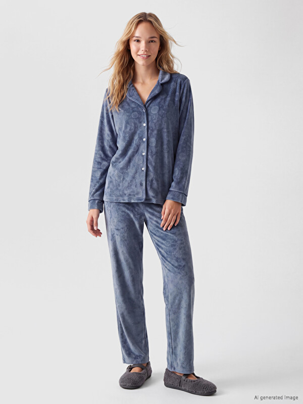 LCW DREAM Gömlek Yaka Kadife Kadın Pijama Takım