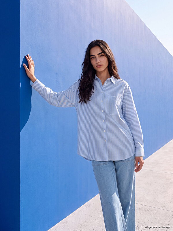 LCW Modest Gestreifte Oversize Popeline Damen Hemd-Tunika