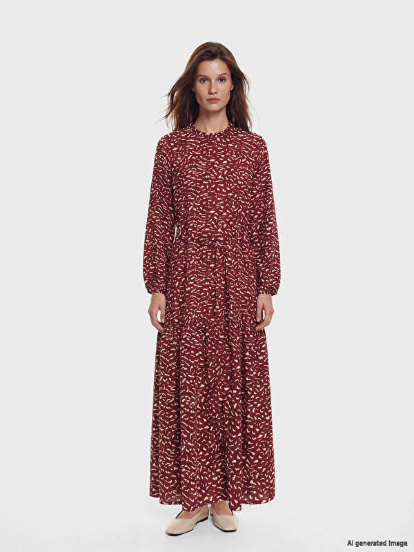LCW Modest Grandad Collar Patterned Ruched Layered Dress