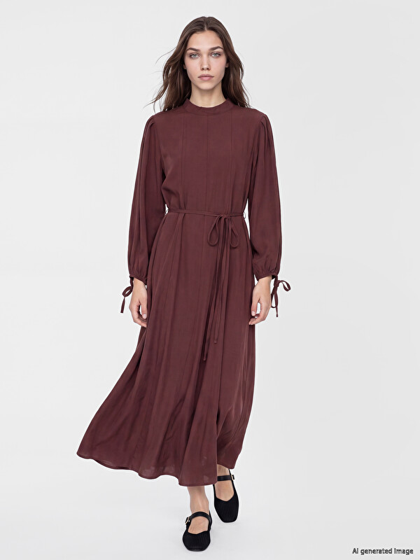 LCW Modest Robe en mélange de modal à col montant avec ceinture à nouer