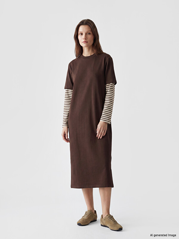 LCW Modest Stand Collar Striped Sweat Dress