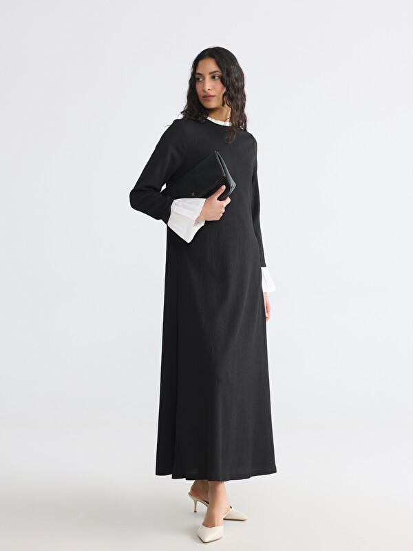 LCW Modest Crew Neck Textured A-Line Dress