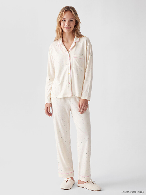 LCW Young Collared Neck Long Sleeved Patterned Women's Pyjamas Set