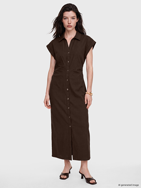 LCW Comfort Shirt Collar Waist Shirred Midi Dress