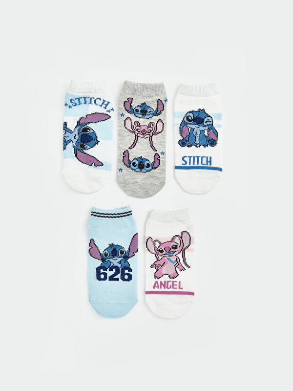 LCW Kids Stitch and Angel Printed Girls' Trainer Socks 5 Pack