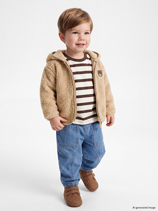 LCW baby Hooded Embroidered Plush Baby Boys' Cardigan