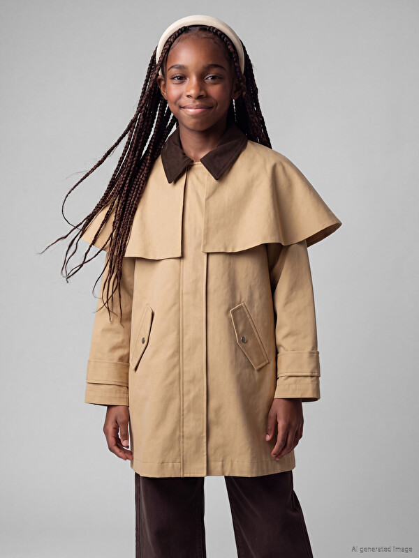 LCW Kids Cape Detailed Velvet Collar Girls' Trench Coat