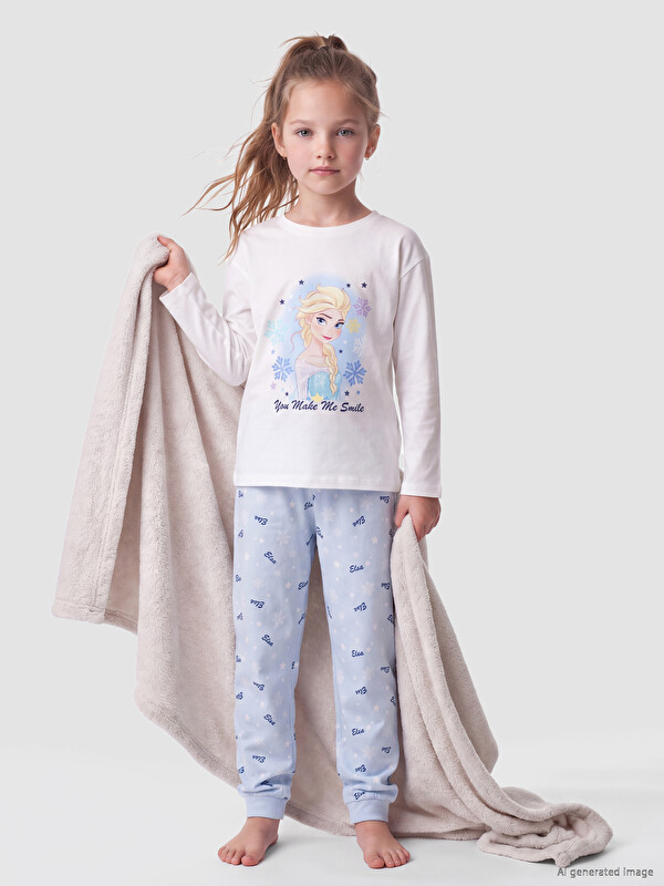 LCW Kids Frozen Lisanslı Bisiklet Yaka Kız Çocuk Pijama Takım
