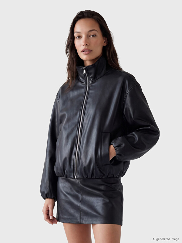 LCWAIKIKI Classic Oversize Kadın Bomber Deri Görünümlü Ceket