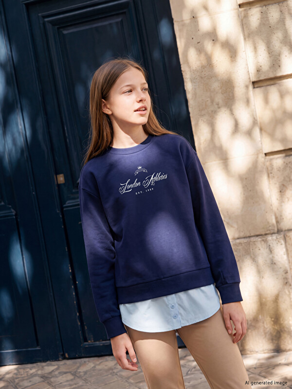 LCW Kids Bisiklet Yaka London Baskılı Kız Çocuk Sweatshirt