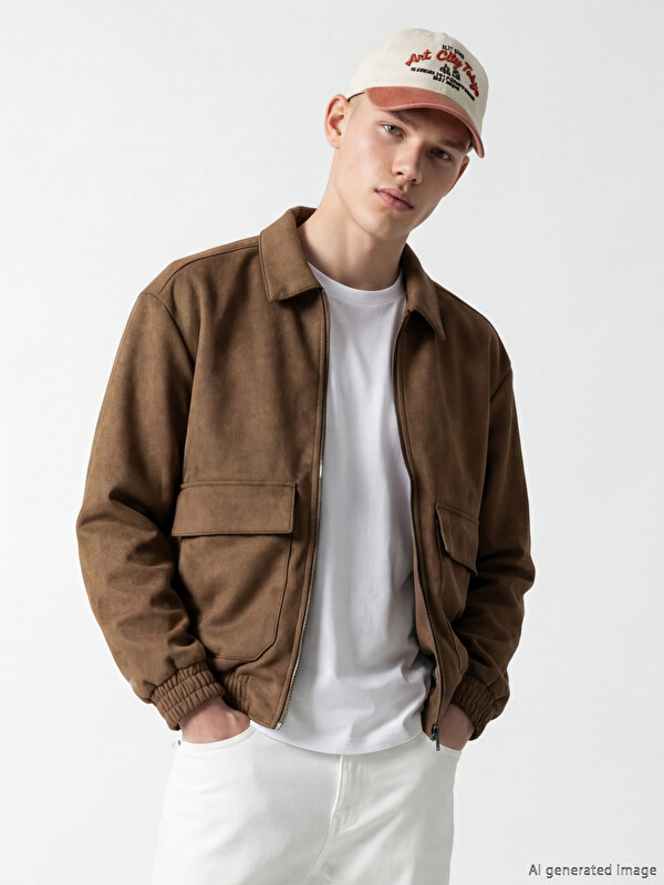 XSIDE Loose Fit Gömlek Yaka Erkek Deri Görünümlü Mont