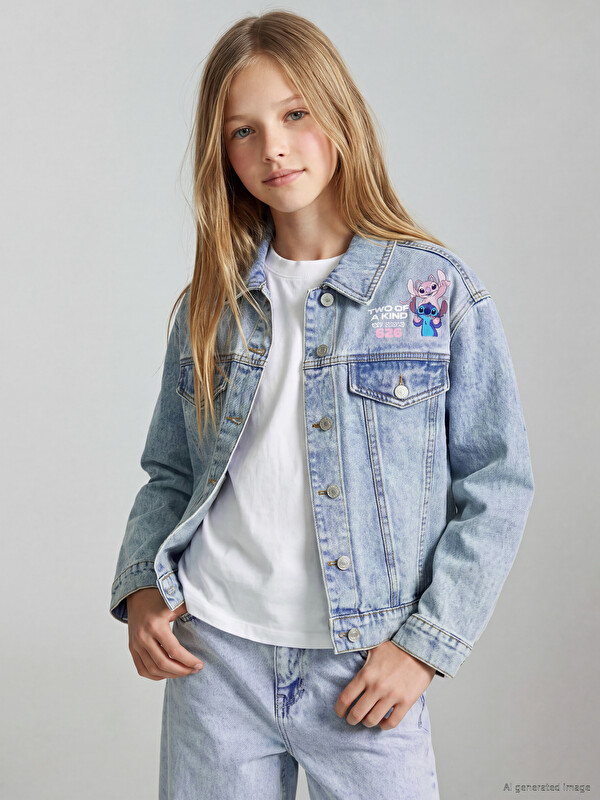 LCW Kids Geacă din denim imprimată Stitch pentru fată