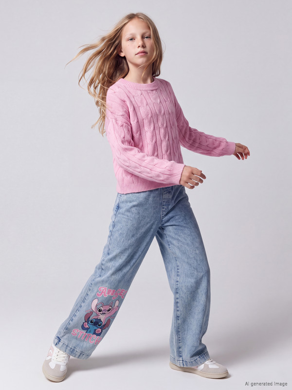 LCW Kids Wideleg Stitch and Angel Printed Girls' Jeans