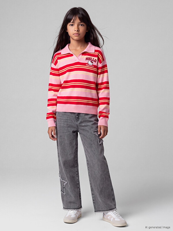 LCW Kids Wideleg Nakışlı Kız Çocuk Jean Pantolon