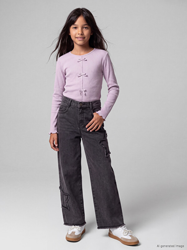 LCW Kids Wideleg Nakışlı Kız Çocuk Jean Pantolon