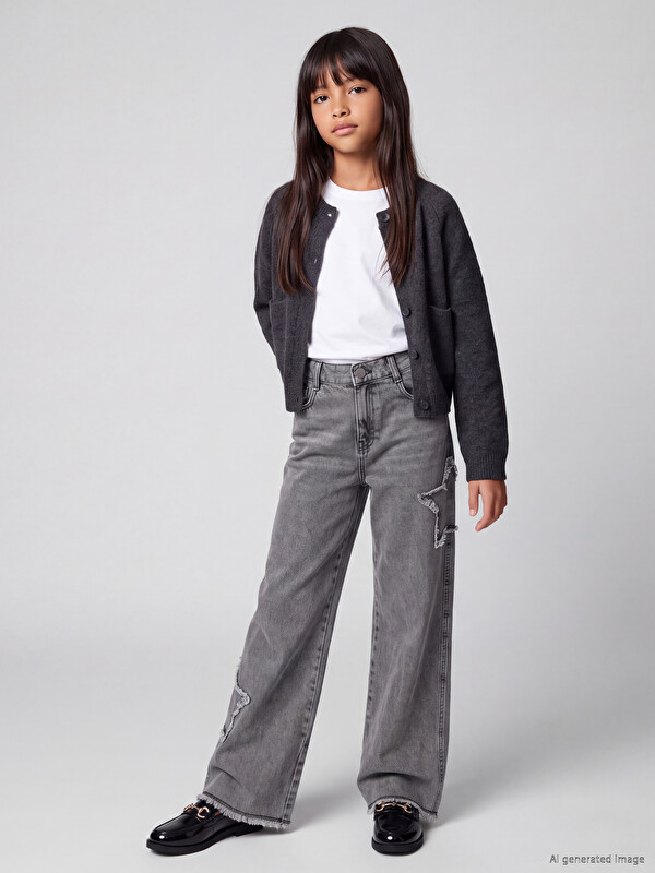 LCW Kids Wideleg Nakışlı Kız Çocuk Jean Pantolon