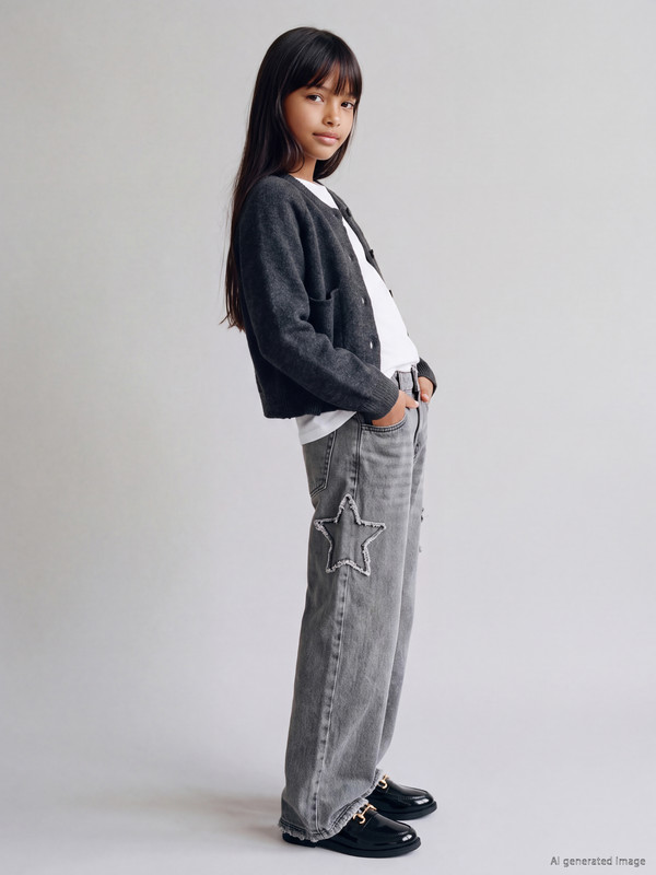 LCW Kids Wideleg Nakışlı Kız Çocuk Jean Pantolon