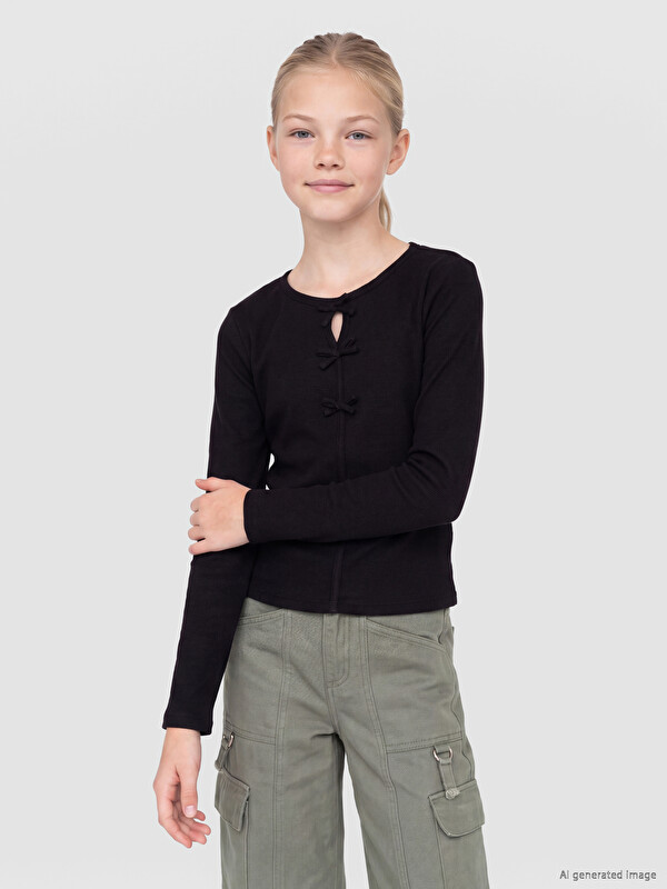 LCW Kids Crew Neck Bow Detailed Girls' T-Shirt