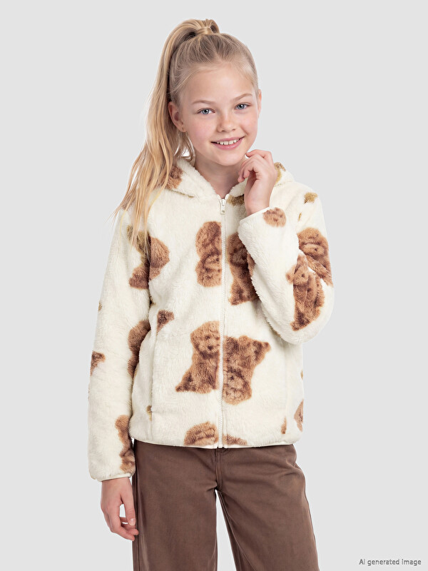 LCW Kids Hooded Printed Girls' Zippered Sweatshirt