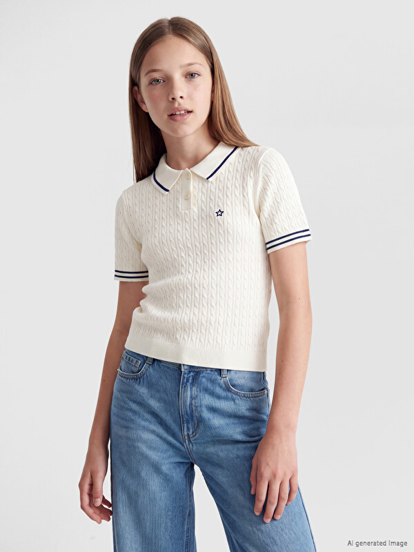 LCW Kids Polo Collar Embroidered Girls' Knitwear Sweater