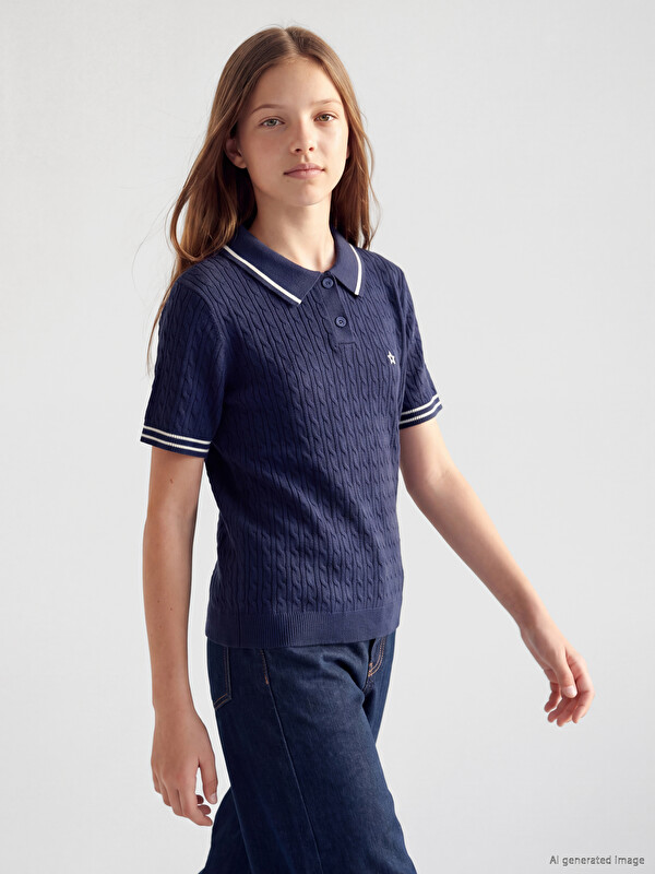 LCW Kids Polo Collar Embroidered Girls' Knitwear Sweater
