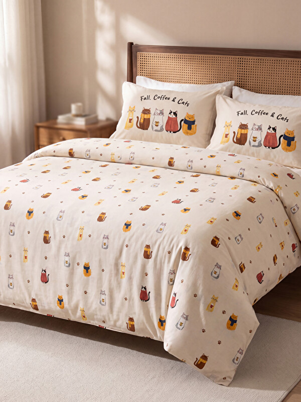 LCW HOME Cat Printed Cotton Double Duvet Cover Set