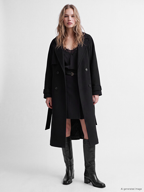 LCW Vision Kruvaze Yaka Oversize Kadın Kaşe Kaban