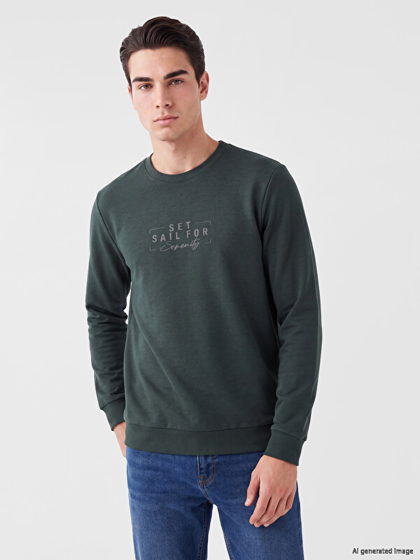LCWAIKIKI Classic Bisiklet Yaka Baskılı Erkek Sweatshirt