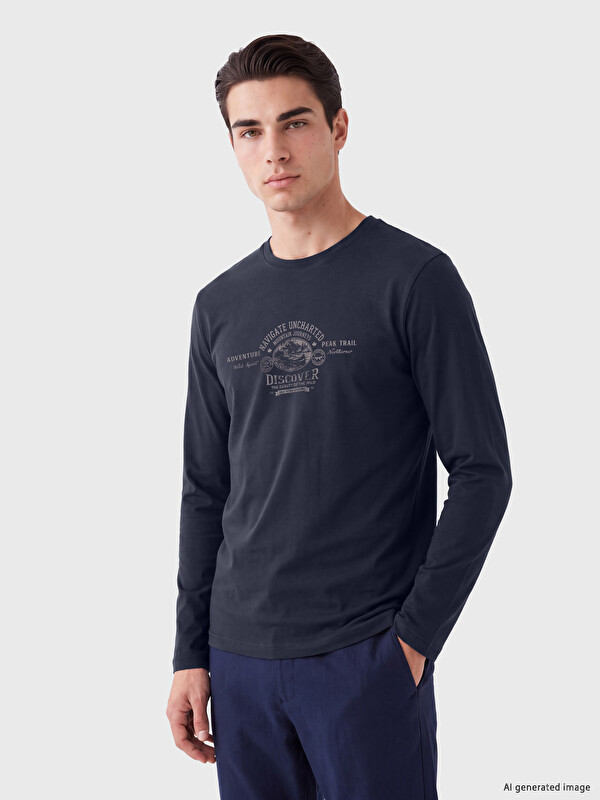 LCWAIKIKI Classic Bisiklet Yaka Baskılı Erkek Sweatshirt
