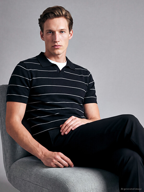 SOUTHBLUE Polo Collar Striped Men's Knitwear T-Shirt