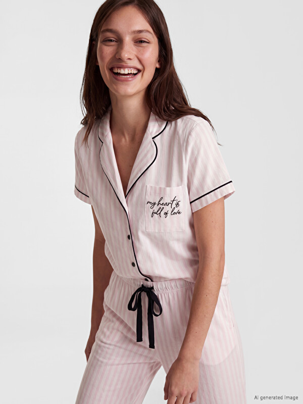 LCW DREAM Gömlek Yaka Nakışlı Kadın Pijama Üst