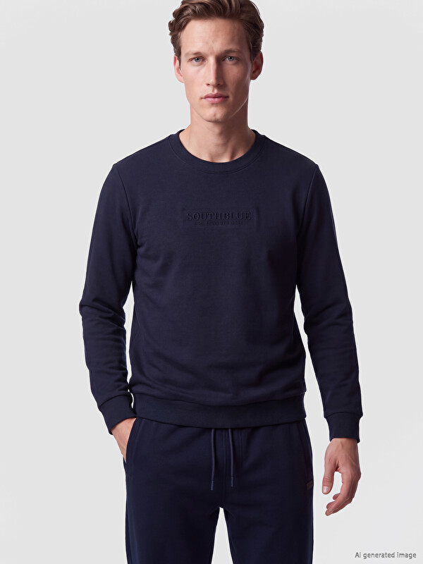 SOUTHBLUE Bisiklet Yaka Nakışlı Erkek Kalın Sweatshirt