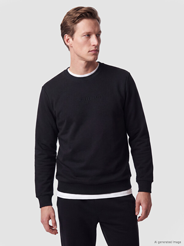 SOUTHBLUE Bisiklet Yaka Nakışlı Erkek Kalın Sweatshirt