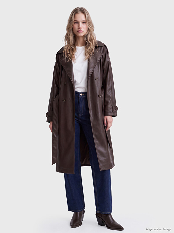 LCW Vision Women's Leather Look Trench Coat