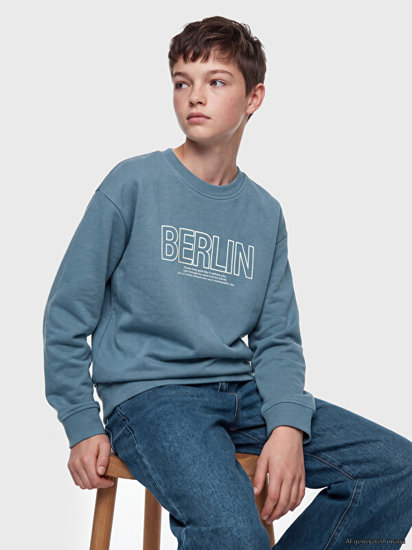 LCW Kids Bisiklet Yaka Berlin Baskılı Erkek Çocuk Sweatshirt