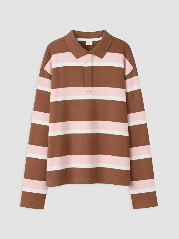 LCW Kids Polo Collar Striped Oversize Fit Girls' T-Shirt