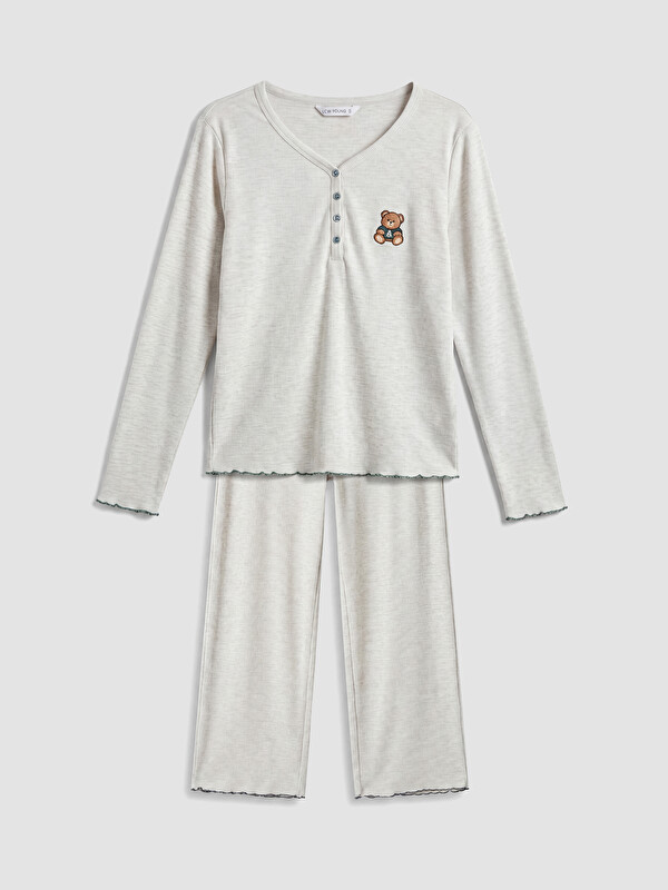 LCW Young V Yaka Nakışlı Kadın Pijama Takımı