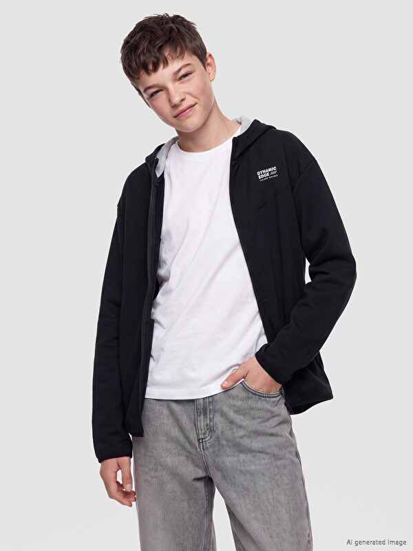 LCW Kids Kapüşonlu Baskılı Erkek Çocuk Fermuarlı Sweatshirt