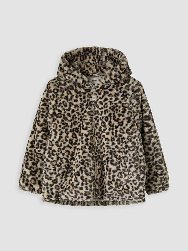 LCW Kids Hooded Leopard Patterned Girls' Plush Coat