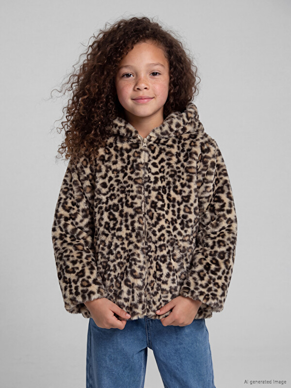 LCW Kids Kapüşonlu Leopar Desenli Kız Çocuk Pelüş Mont
