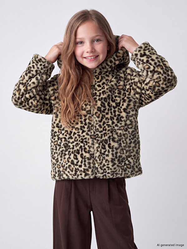 LCW Kids Hooded Leopard Patterned Girls' Plush Coat