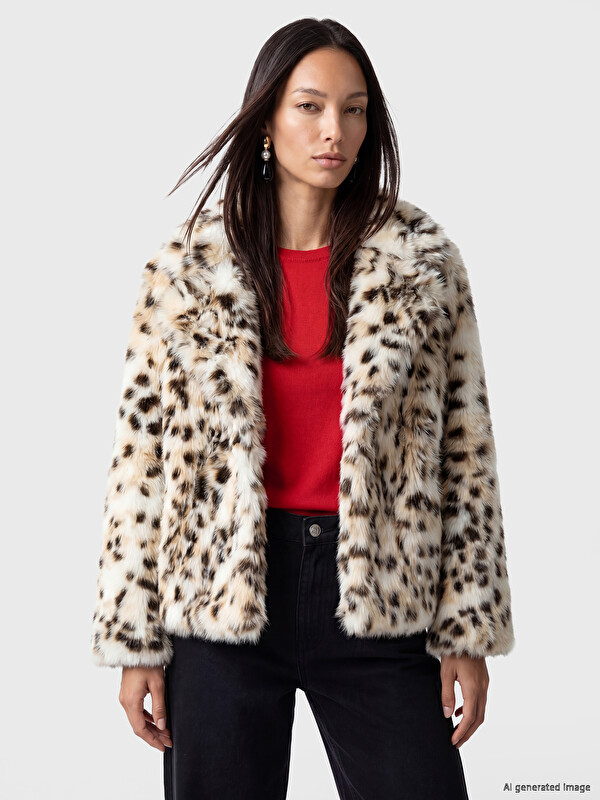 LC WAIKIKI Jacket Collar Leopard Print Women's Faux Fur Coat