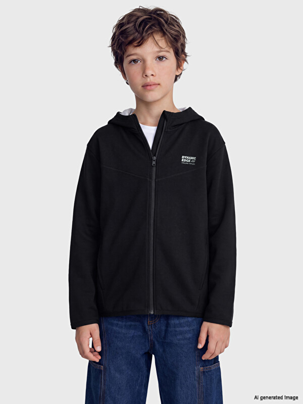 LCW Kids Kapüşonlu Baskılı Erkek Çocuk Fermuarlı Sweatshirt