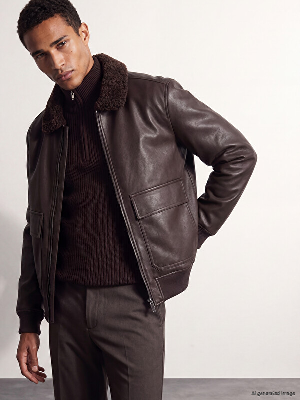 LCW Vision Fur Collar Men's Faux Leather Coat