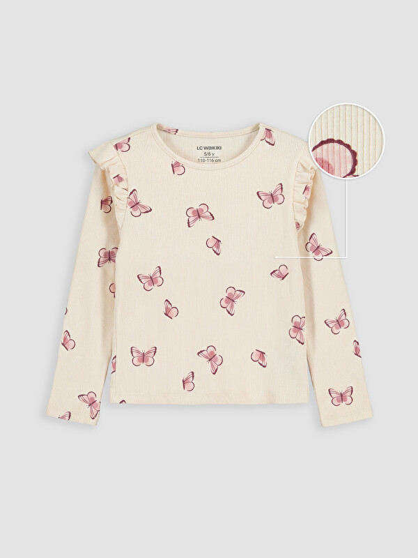 LCW Kids Crew Neck Butterfly Printed Ruffled Girls' T-Shirt