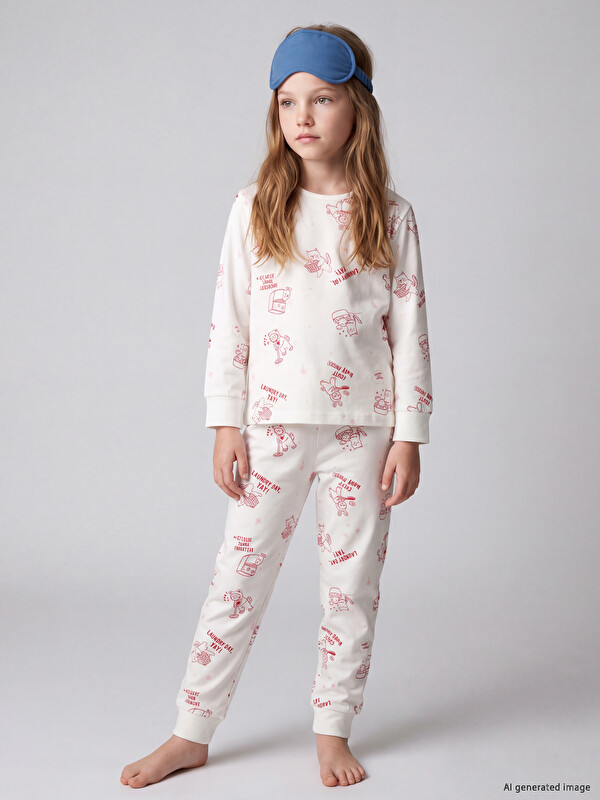 LCW Kids Printed Crew Neck Girls' Pyjamas Set