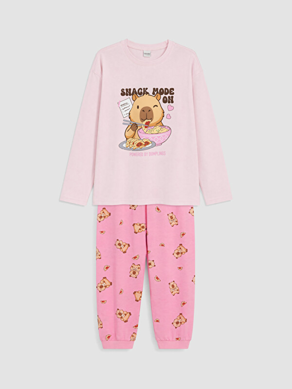 LCW Kids Bisiklet Yaka Baskılı Kız Çocuk Pijama Takım