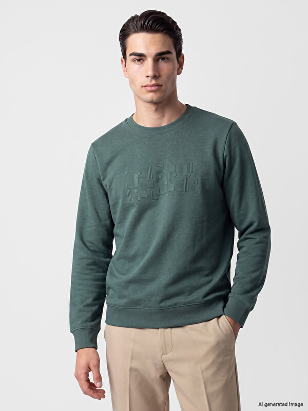 LCWAIKIKI Classic Bisiklet Yaka Baskılı Erkek Kalın Sweatshirt
