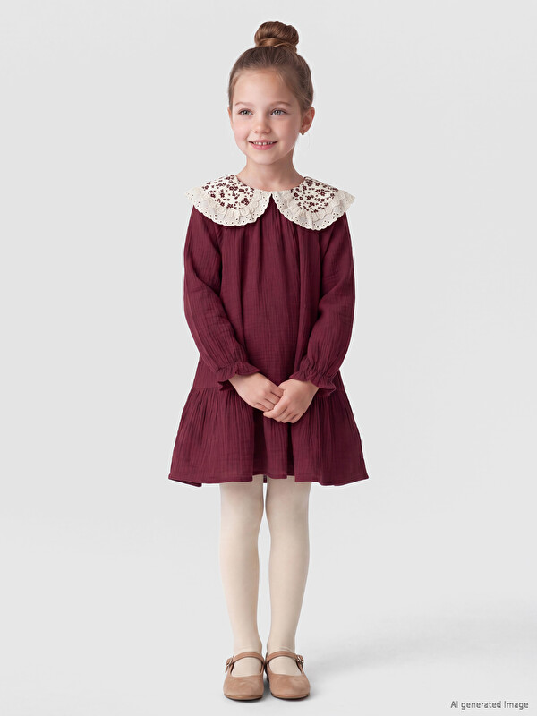 LCW Kids Peter Pan Collar Embroidered Long Sleeve Girls' Dress
